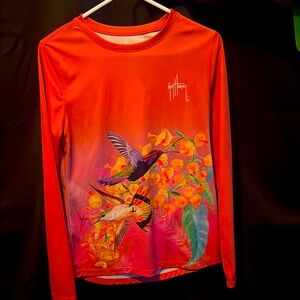 Vibrant Orange Long Sleeve Shirt with Hummingbird Design